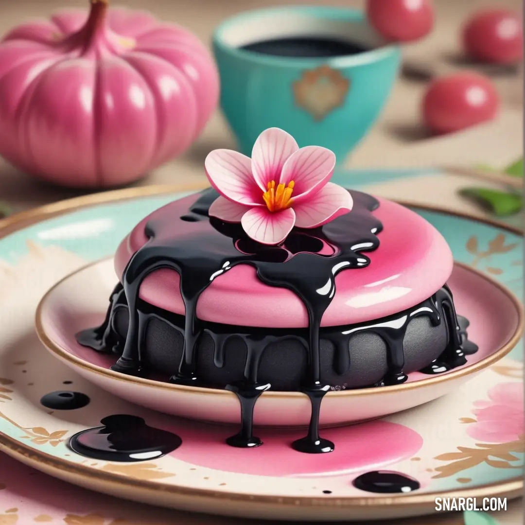 Pink and black cake with a flower on top of it on a plate with a cup of coffee. Example of Brink pink color.