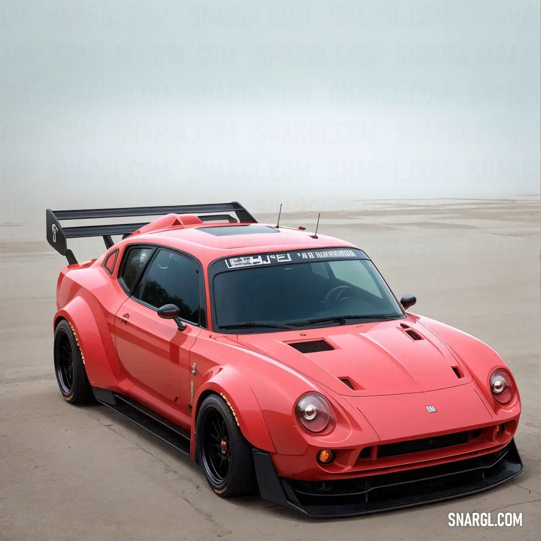 Red sports car parked on a beach near the ocean in the foggy day time