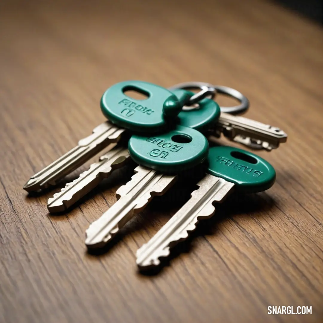 British racing green color example: Bunch of keys on a table together with the words friends on them and the keys to the other side