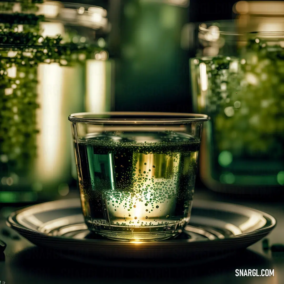 Glass of water with bubbles on a plate and a jar of green tea behind it on a table