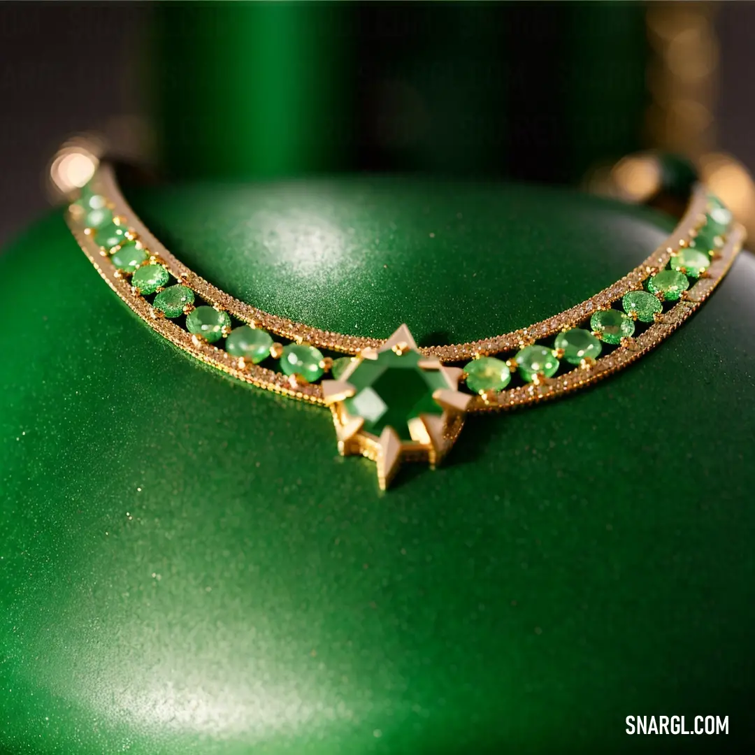 Green box with a gold necklace and a green star brooch on it's collar