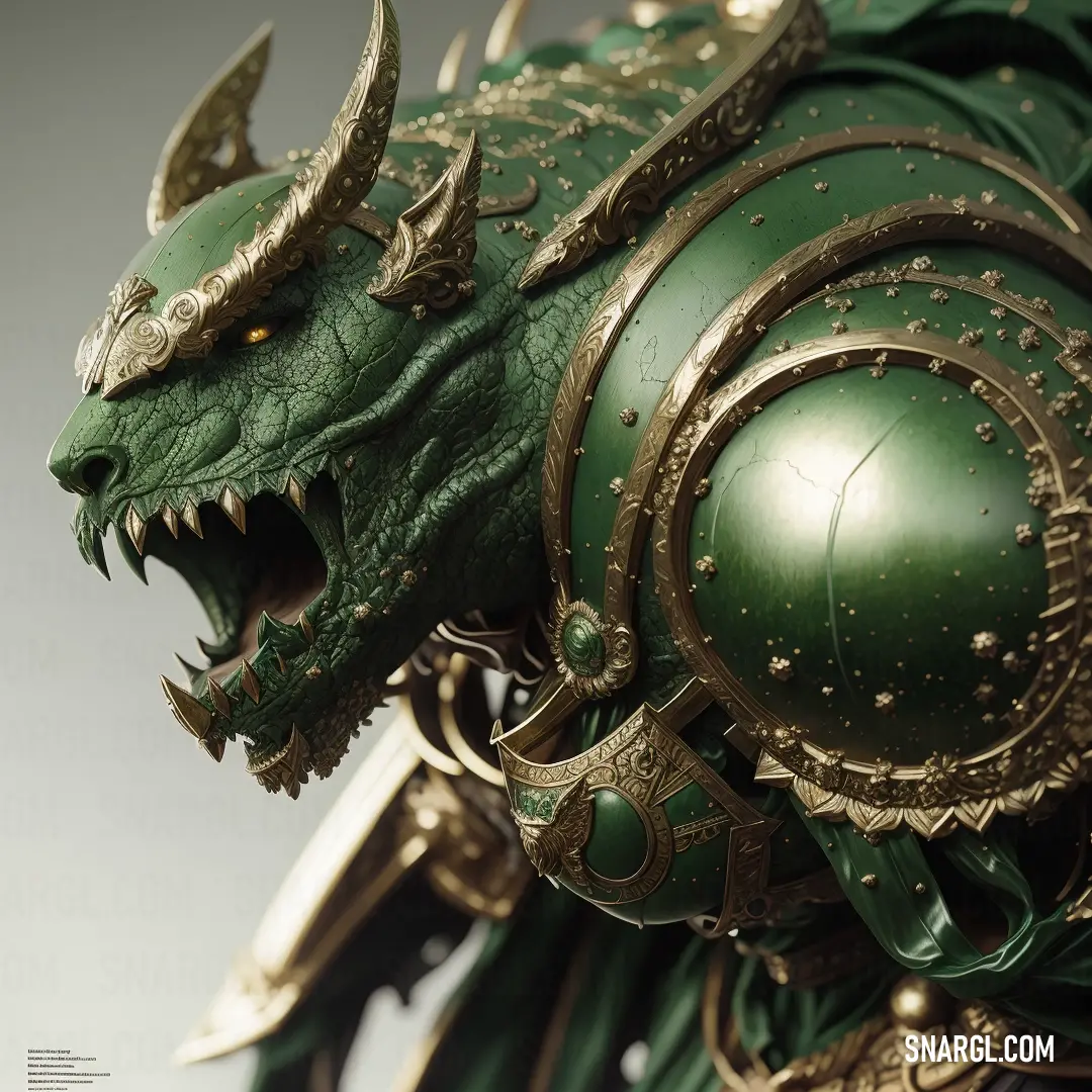 Green dragon statue with gold accents and spikes on its head and body