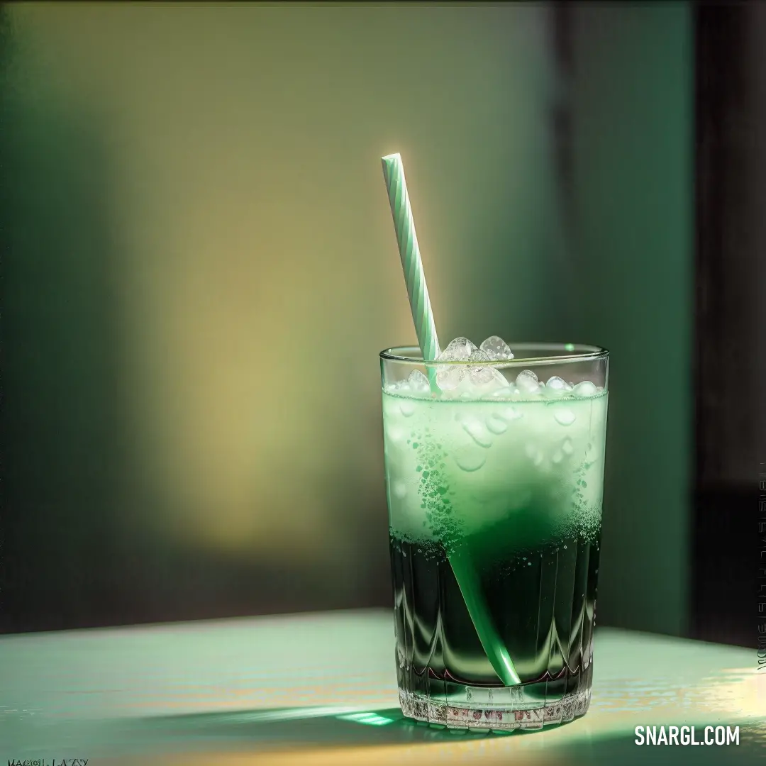 Green drink with a straw in it on a table with a blurry background and a green wall