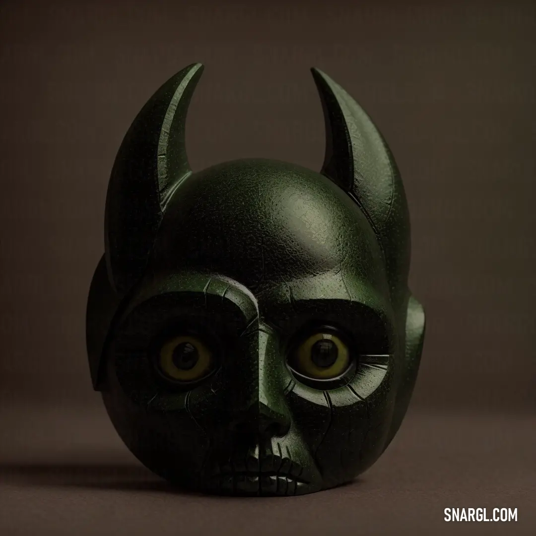 Green mask with horns and eyes on a table with a brown background and a black background with a white border