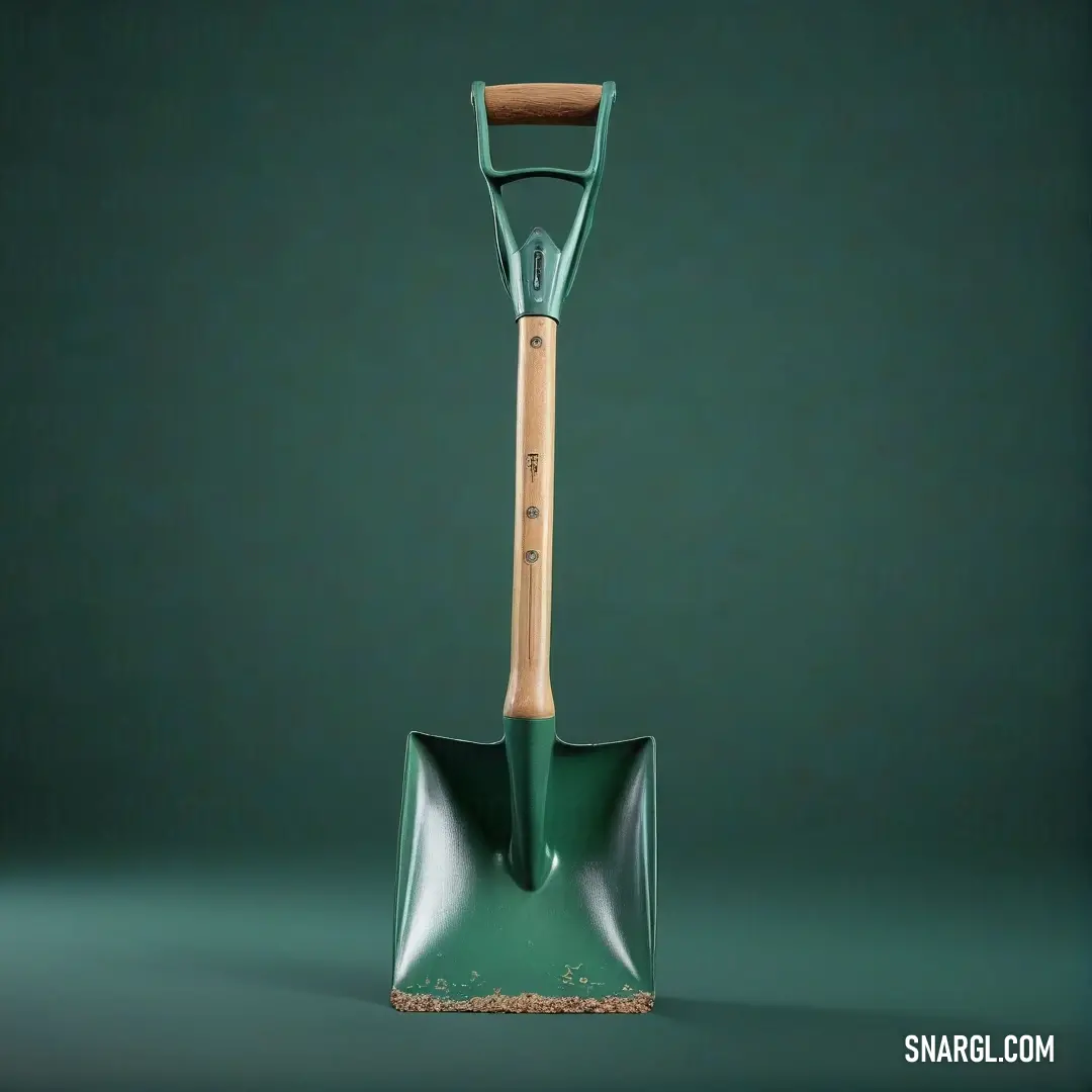 British racing green color example: Green shovel with a wooden handle on a green background