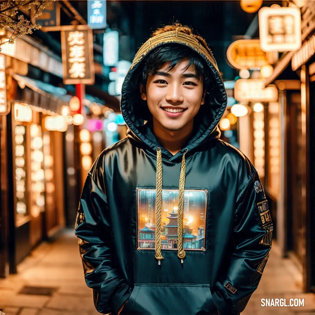 Man standing on a sidewalk wearing a hoodie with a picture of a city on it and lights in the background
