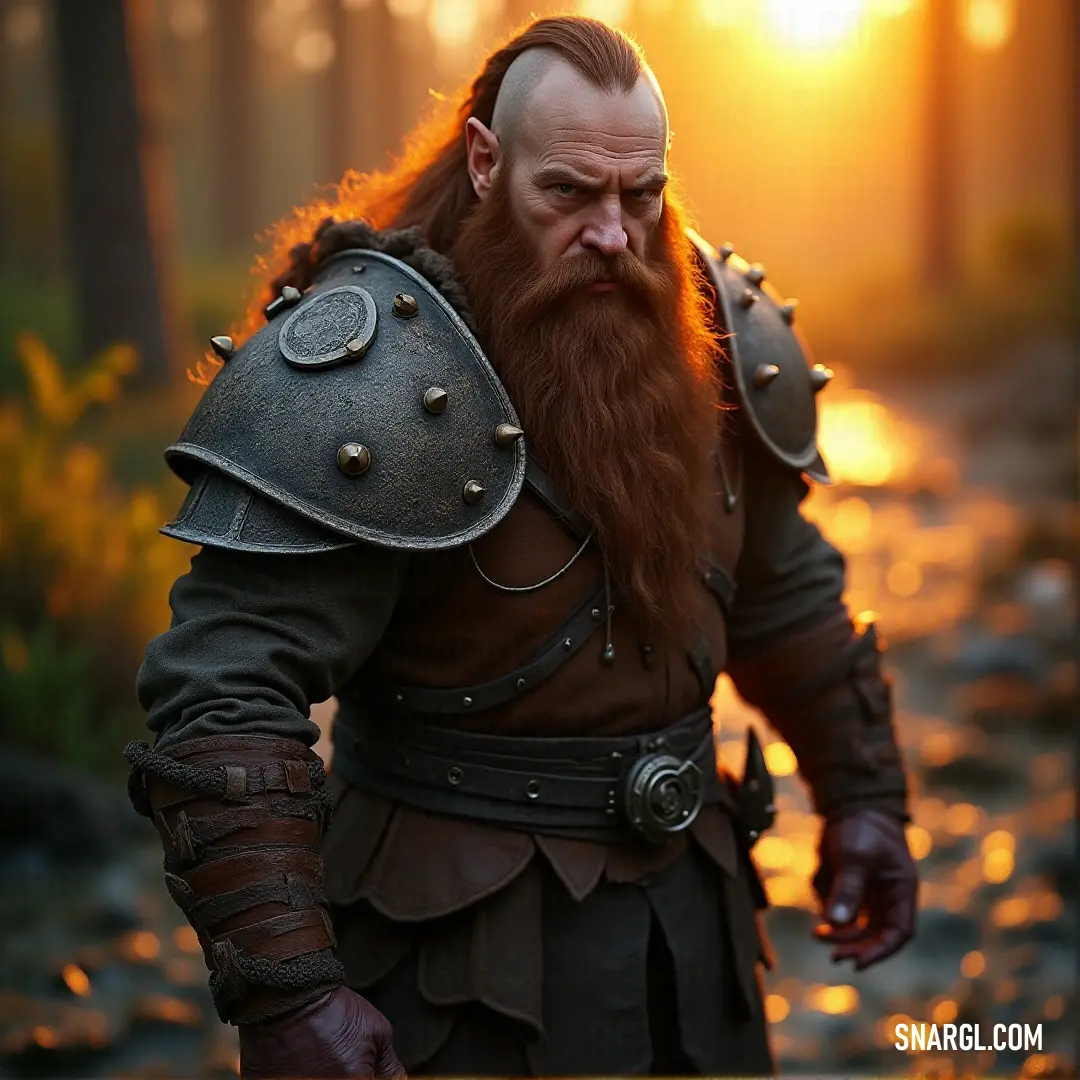 At sunset, Brok Ironwill stands in the woods, his sword drawn, the golden light of the setting sun casting long shadows behind him. Brok Ironwill, in rugged leather armor, stands tall in the woods as the sun sets behind him. His sword is drawn, ready for any enemy that dares approach.