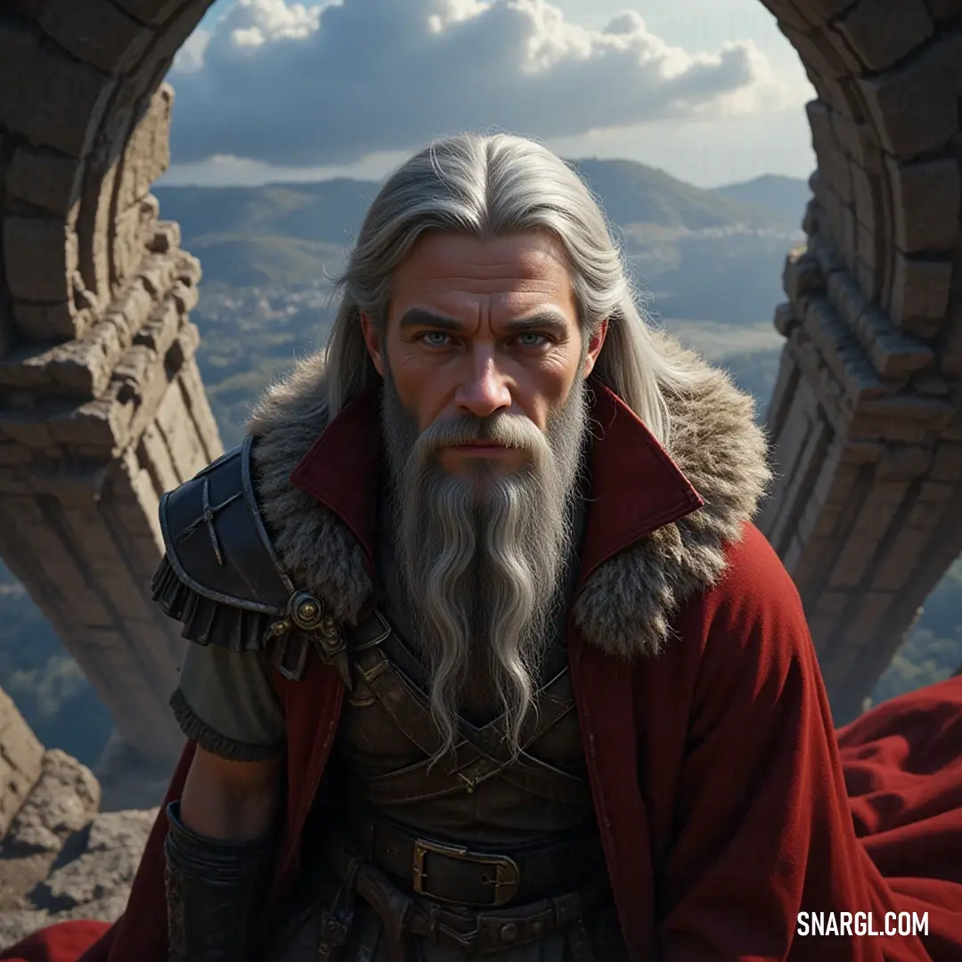 A majestic figure named Brom stands proudly atop a mountain, adorned in a vibrant red coat. His lush beard flows gently in the wind, while the vast sky above showcases brilliance mixed with hues of blue and soft clouds, capturing a moment of serene triump