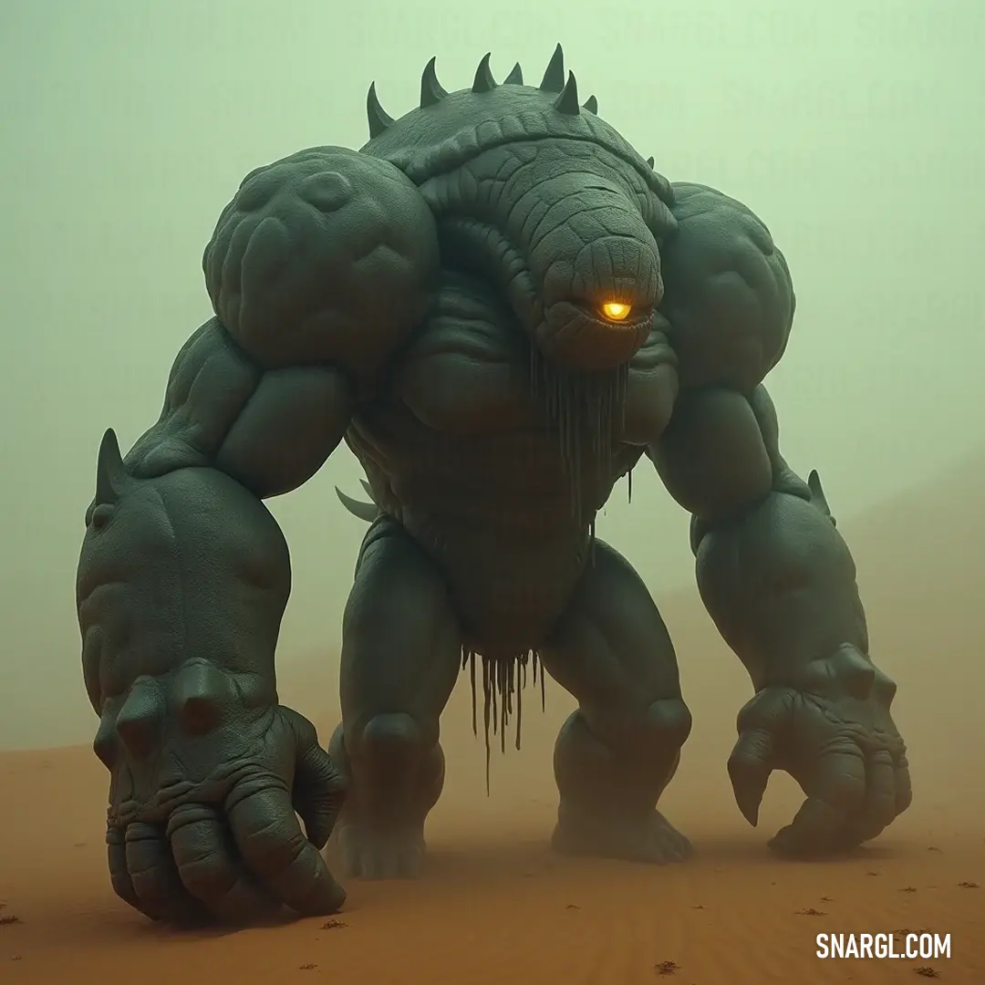 A mighty giant Bront emerges from the desert, its glowing eyes cutting through the golden sands, a testament to nature's awe-inspiring beauty. A giant Bront with vibrant glowing eyes stands resolutely in the arid desert, framed by sweeping sand dunes that stretch to the horizon, exuding a sense of timeless endurance.