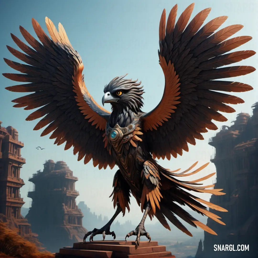 Bird with a large wing is standing on a platform in front of a mountain range and a castle. Color Bronze.