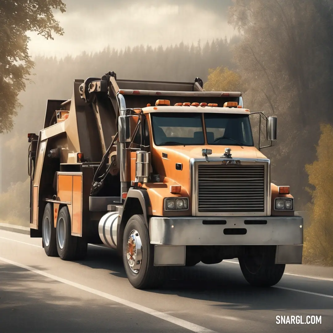 Bronze color. Dump truck driving down a road with trees in the background
