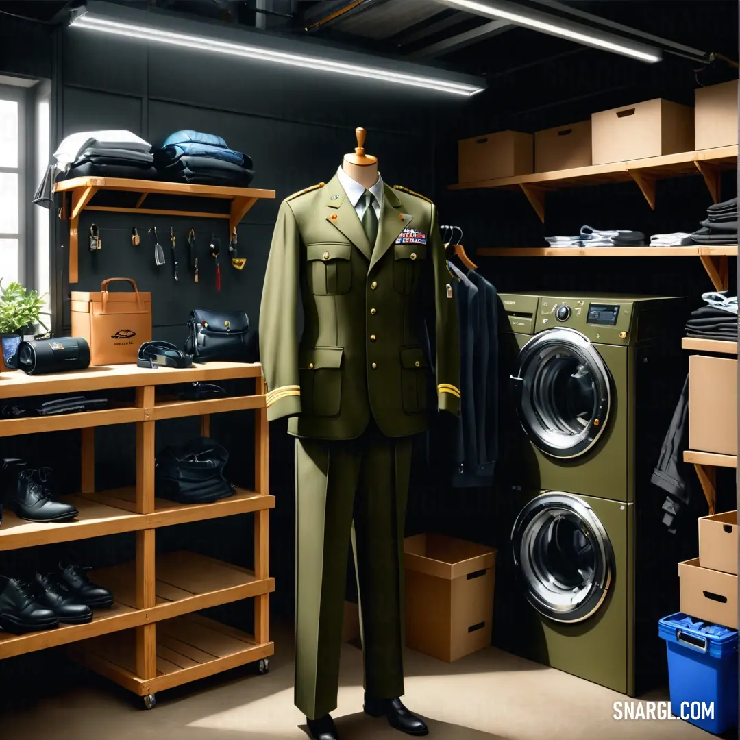 Uniform is displayed in a room with a washing machine and clothes on shelves and a shelf. Example of CMYK 0,38,76,20 color.
