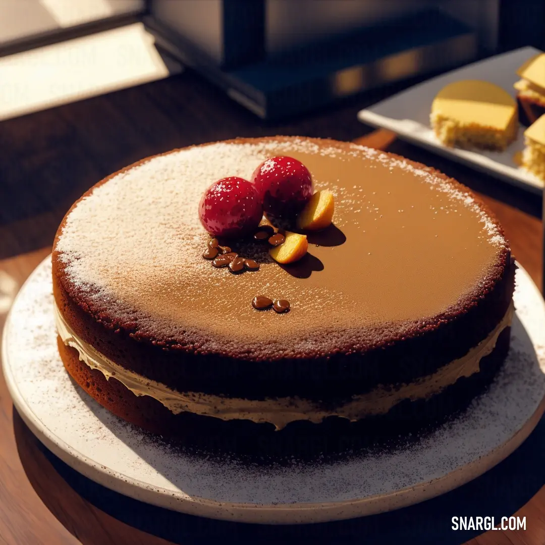 Cake with two pieces of fruit on top of it on a plate on a table with other desserts. Example of Bronze color.