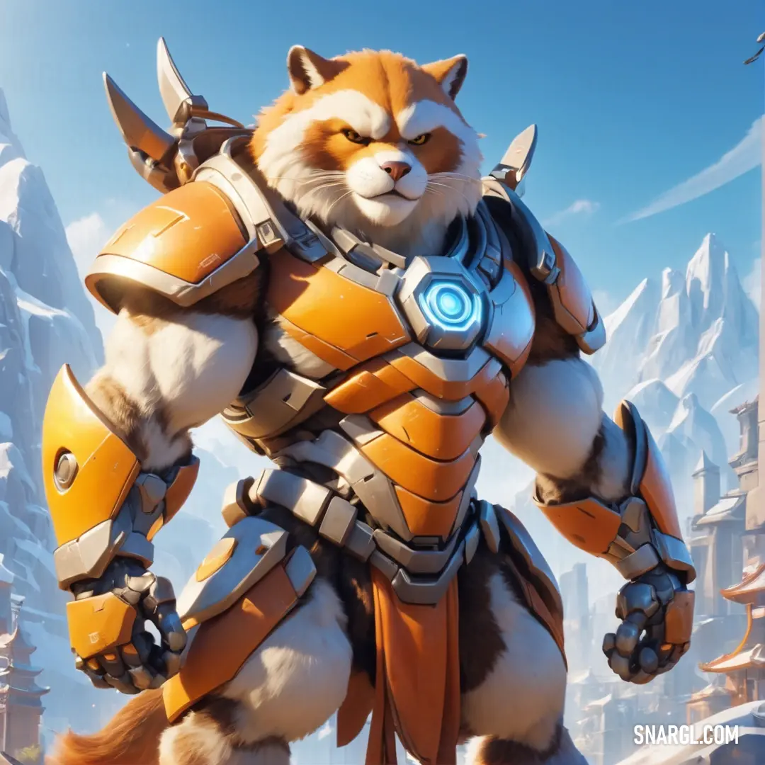 Character from overwatch with a furry animal like costume and a helmet on. Example of CMYK 0,38,76,20 color.