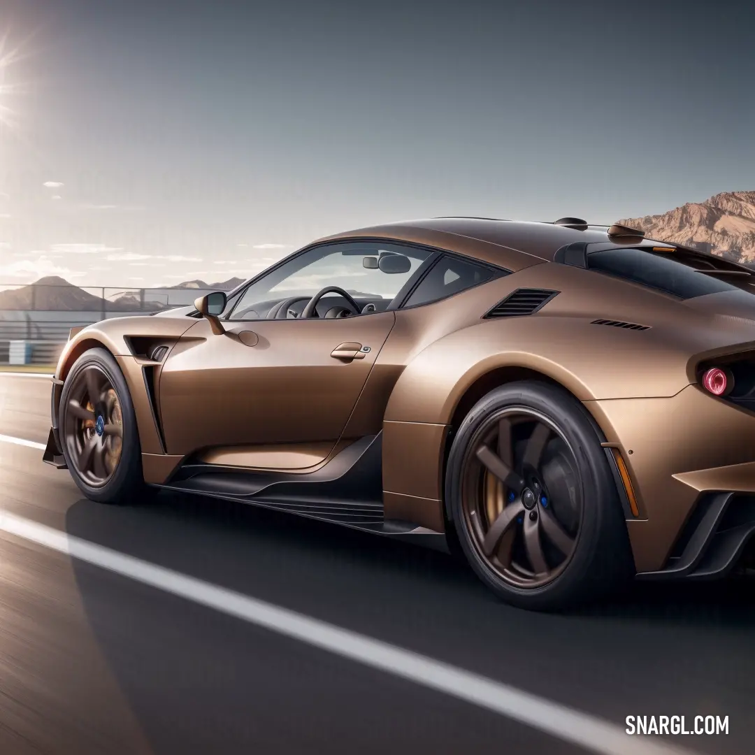 Gold sports car driving down a road with mountains in the background and a sun shining on the side