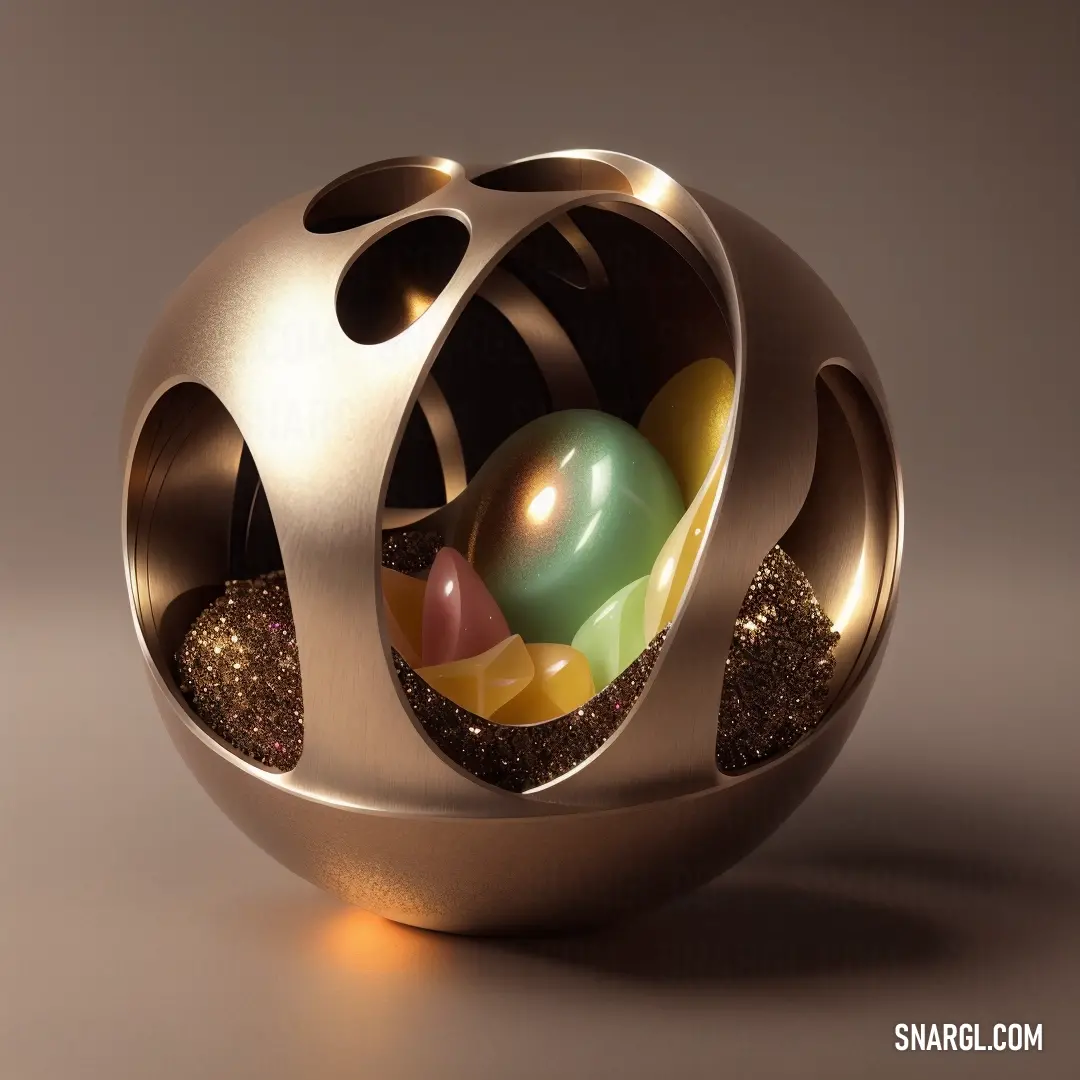 Gold vase with a variety of colorful balls inside of it on a table top with a light shining on the floor