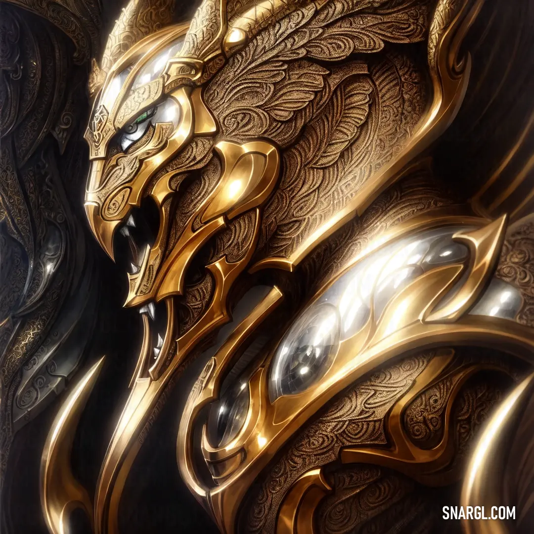 Golden dragon with a large head and a large body of gold paint on it's face