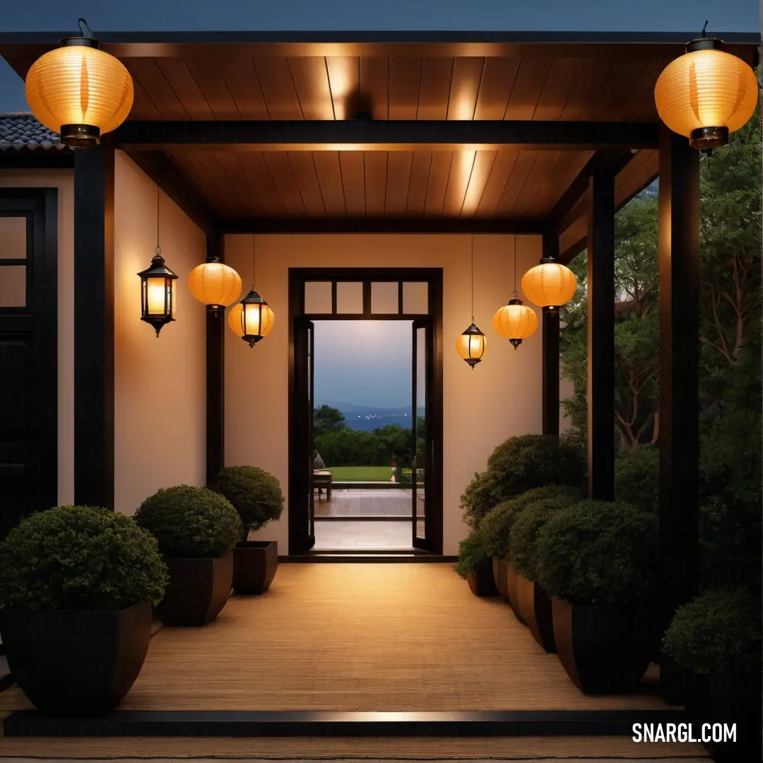 Lit up entry way with potted plants and lanterns on the ceiling and a door way leading to a patio. Color CMYK 0,38,76,20.