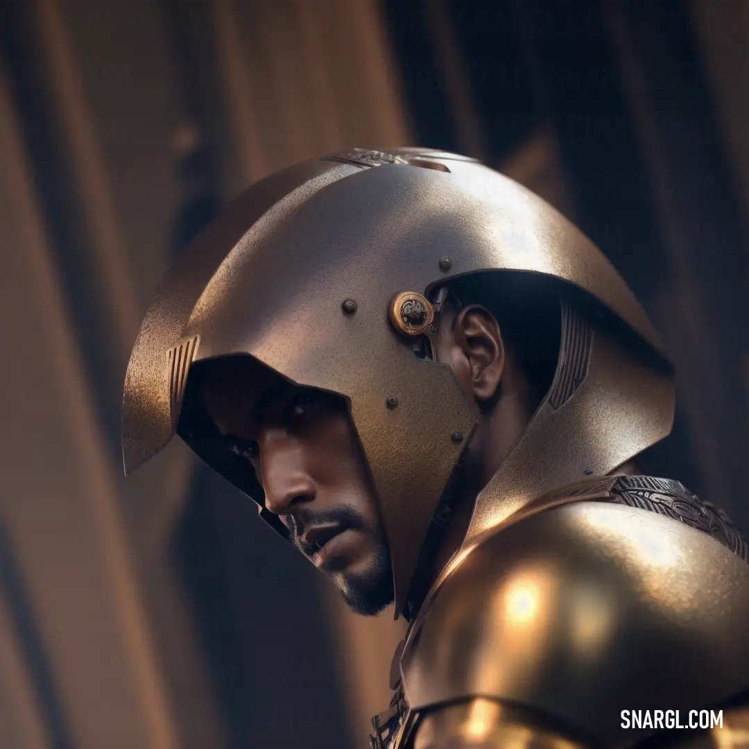 Man in a golden helmet and a gold suit of armor with a beard and mustache is looking at the camera