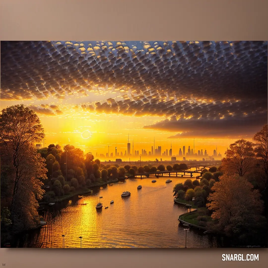 Painting of a sunset over a river with boats in it and a city in the distance with a bridge