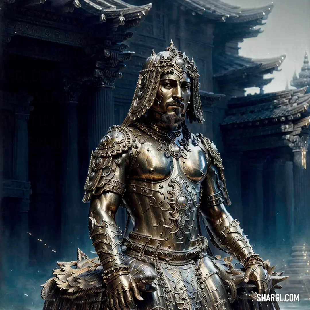 Statue of a man in a armor suit in front of a building with a fountain in the background