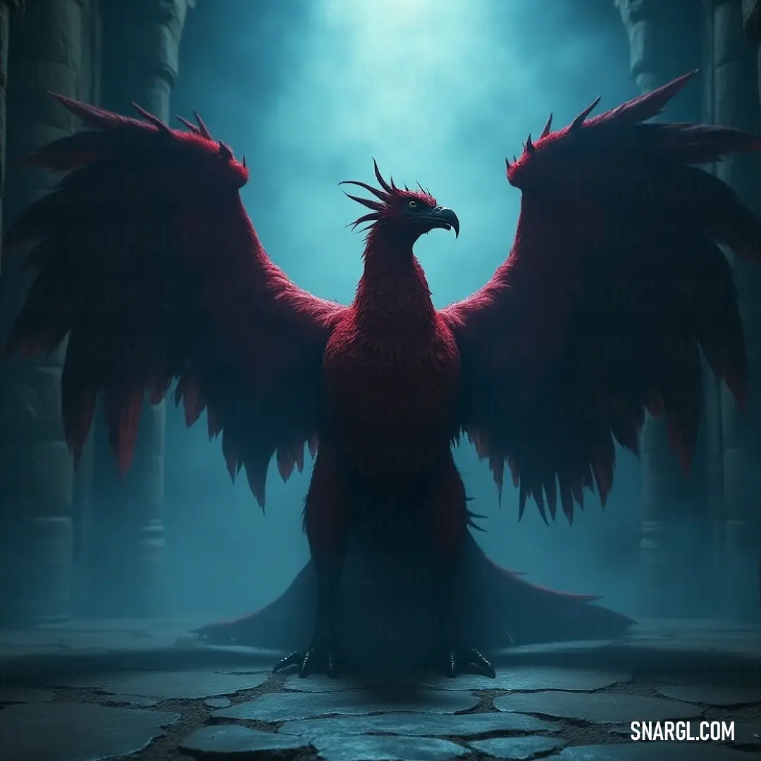 The Red Bronzeclaw stands proudly, its expansive wings catching the gentle glow of light, creating a striking silhouette that showcases its powerful yet delicate features in a calm atmosphere. A vibrant Red Bronzeclaw with its large wings spread wide, basking in soft light within a secluded room, radiating strength and beauty in every feather.