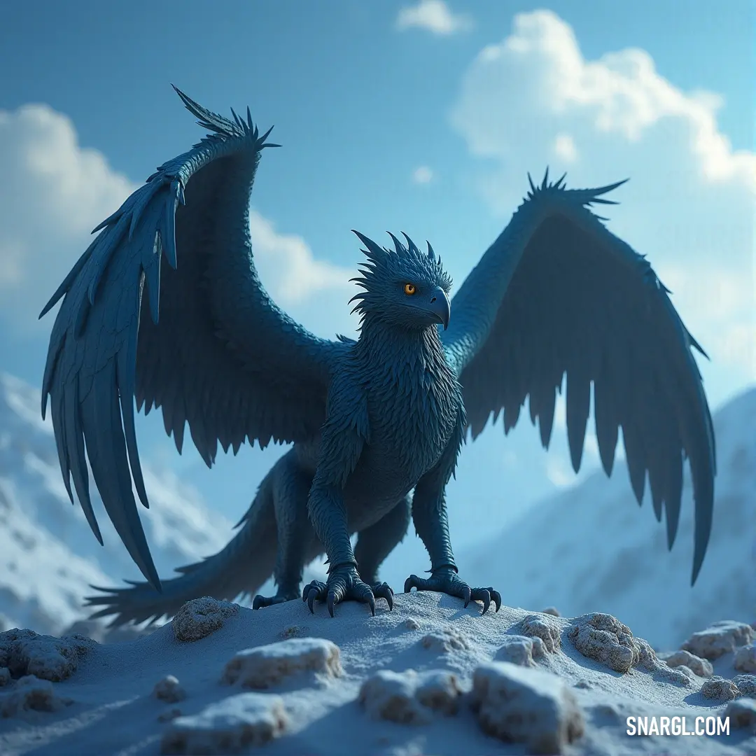 A blue Bronzewing with expansive wings stands tall on a snowy hill, the mountains rising in the background, a perfect harmony of strength and nature. A blue Bronzewing with large wings stands proudly on a snowy hill, its majestic form contrasted against the snowy landscape and towering mountains in the distance, a creature perfectly at home in the frozen wilderness.