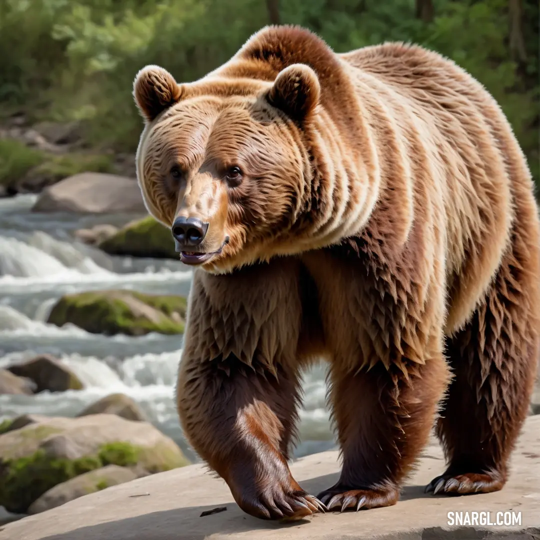 Brown bear standing on a rock in front of a river and trees in the background