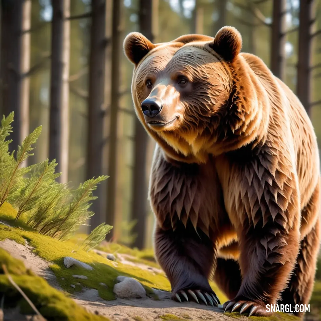 Brown bear walking across a forest filled with trees and grass on a sunny day with a blue sky