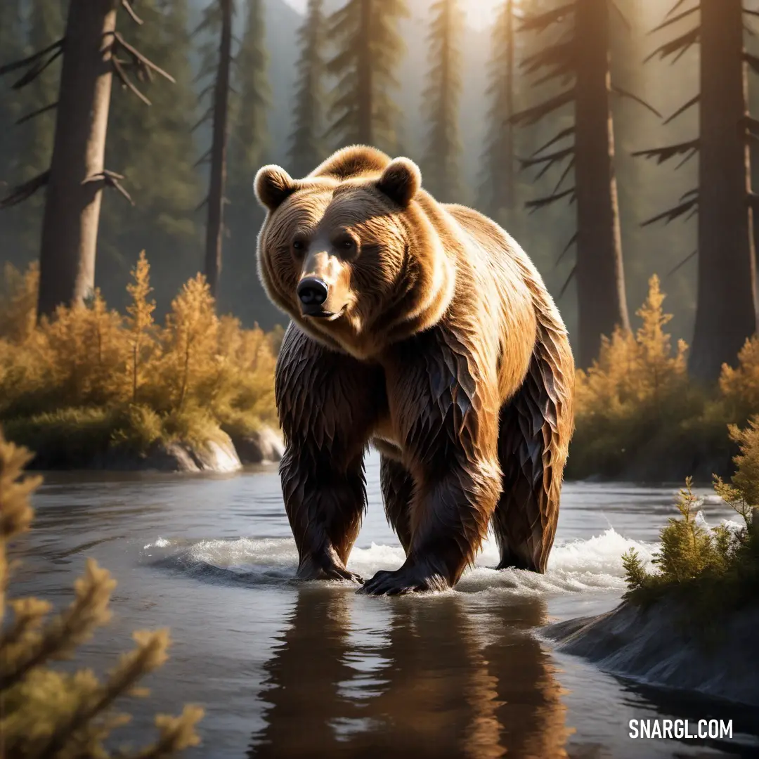 Brown bear walking across a river in a forest next to tall trees and bushes with yellow flowers on the ground