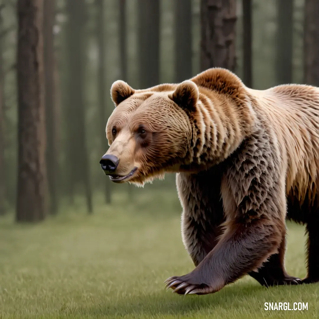 Brown bear walking through a forest filled with trees and grass