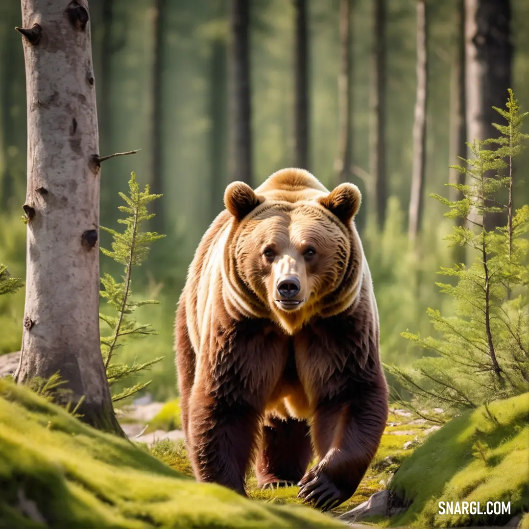 Brown bear walking through a forest filled with trees and grass