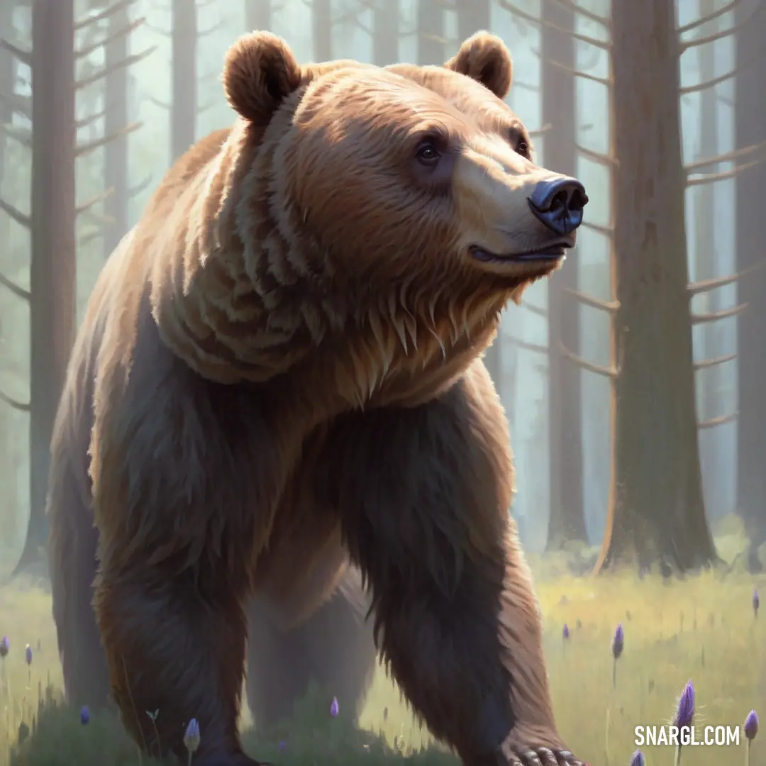 Large brown bear standing in a forest filled with trees and flowers,