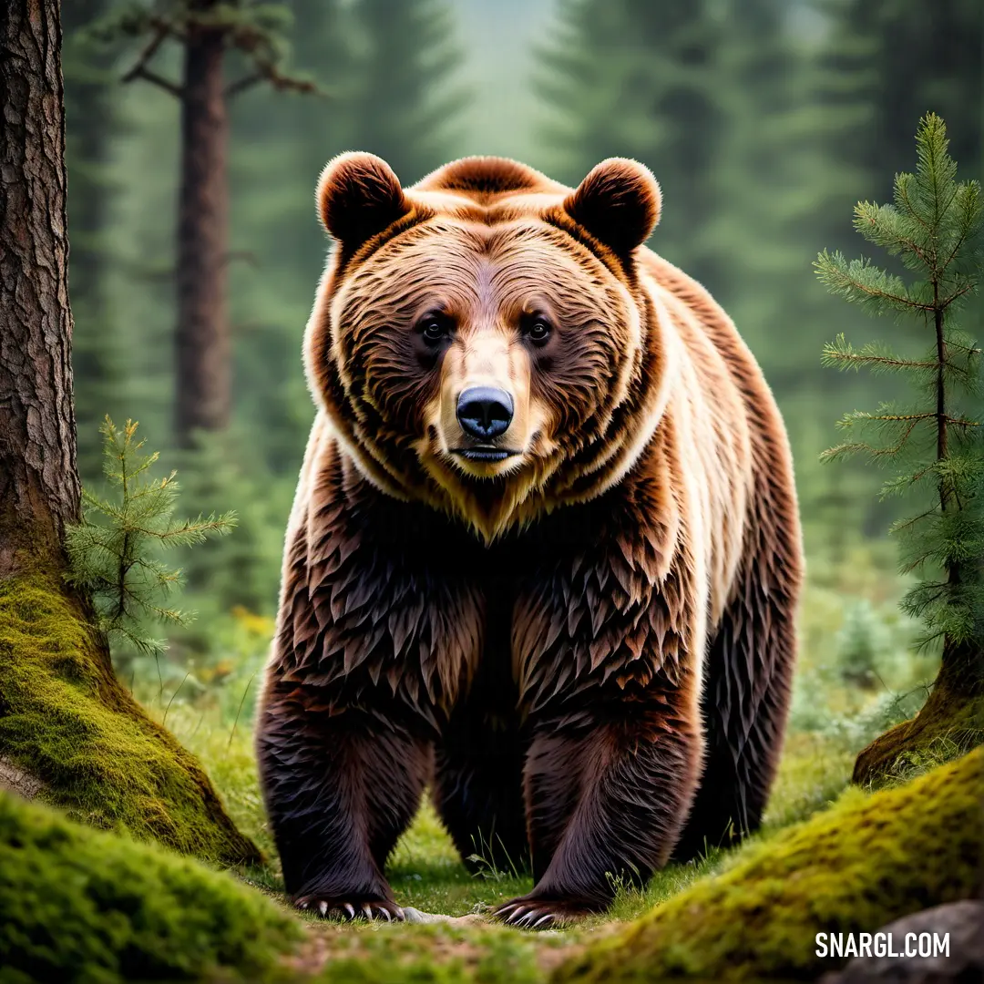 Large brown bear standing in a forest next to a tree trunk and a forest floor with moss growing on it