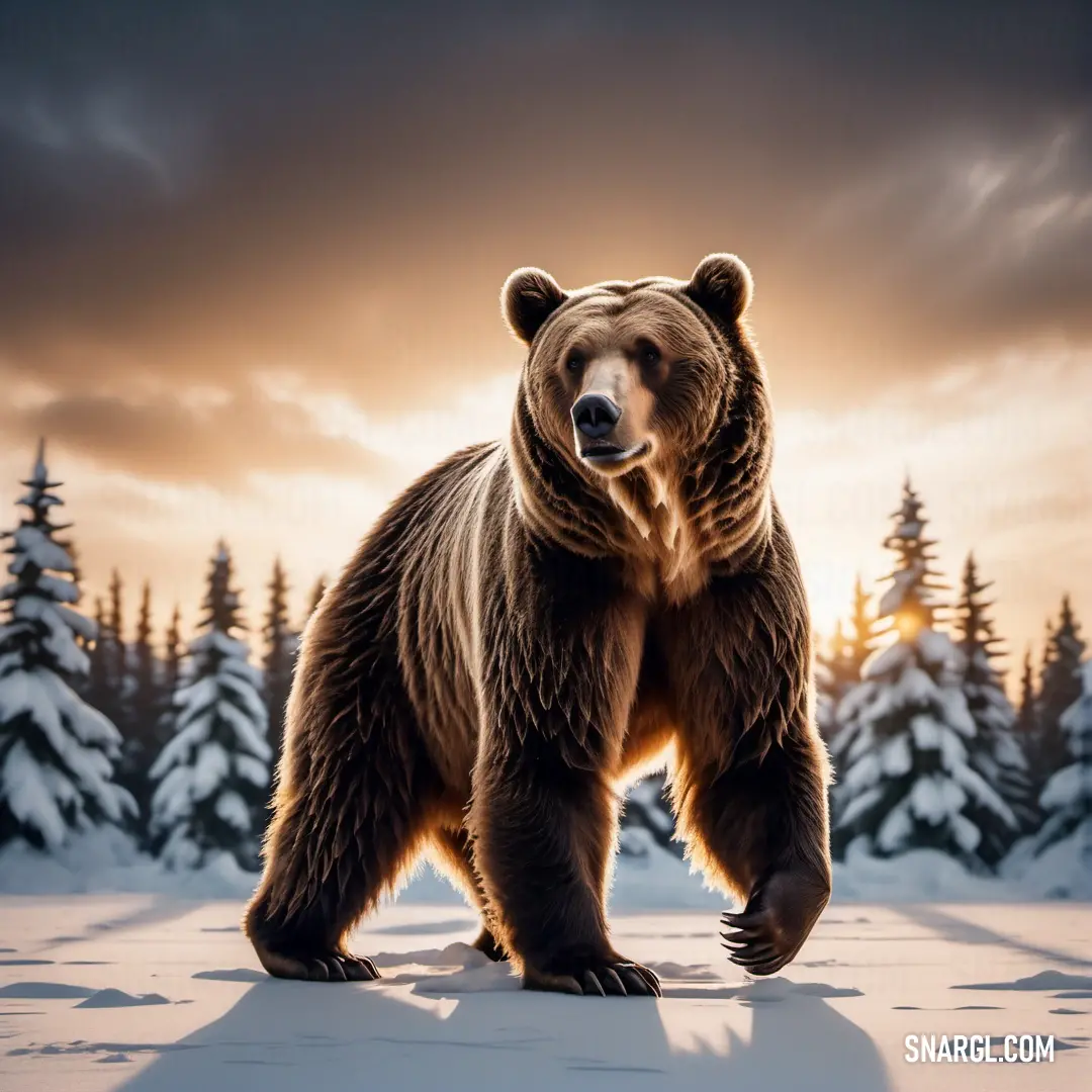 Large brown bear standing in the snow near trees and snow covered ground with a sunset behind it and a dark sky