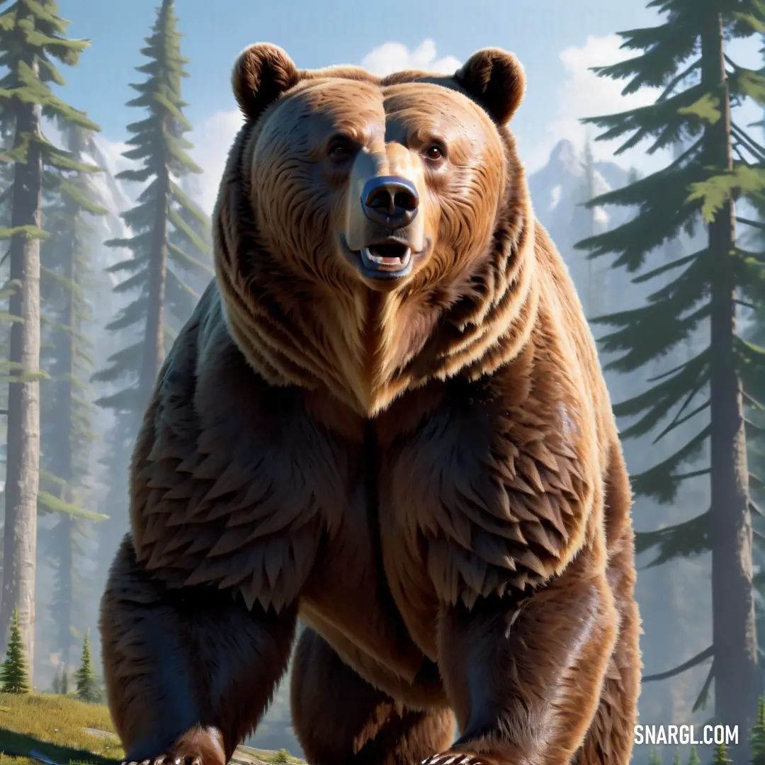 Large brown bear standing on its hind legs in a forest with tall trees and a mountain in the background