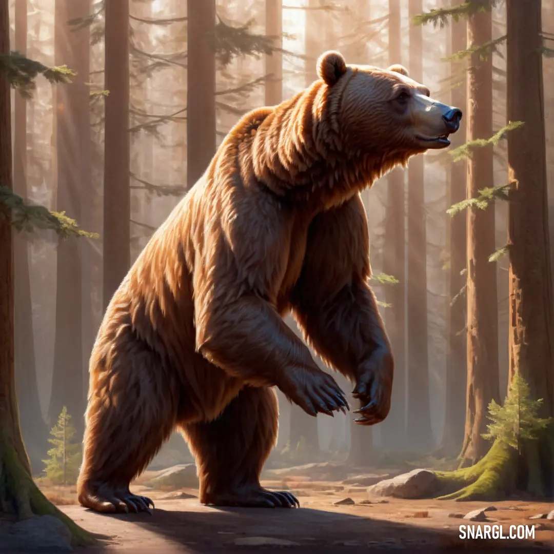 Large brown bear standing in a forest next to a forest filled with trees and rocks and a forest floor