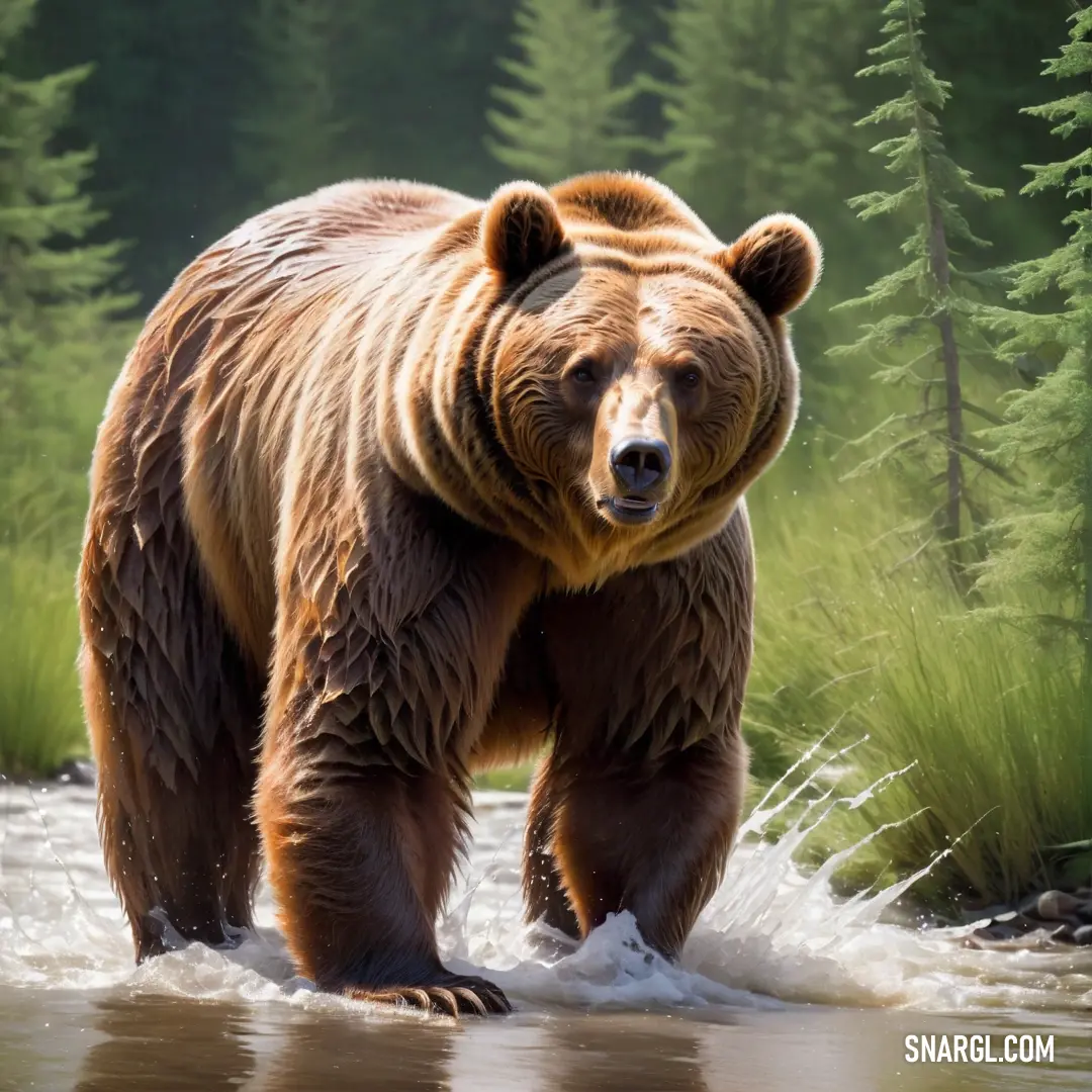 Large brown bear walking across a river next to a forest filled with trees and grass on a sunny day