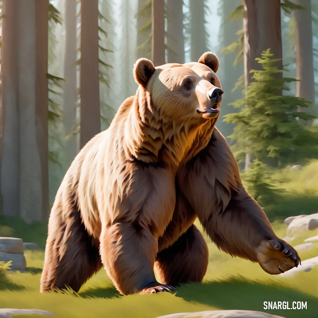 Large brown bear walking through a forest filled with trees and rocks