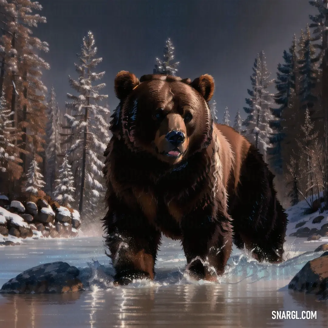 Painting of a bear walking through a river in the snow with trees in the background