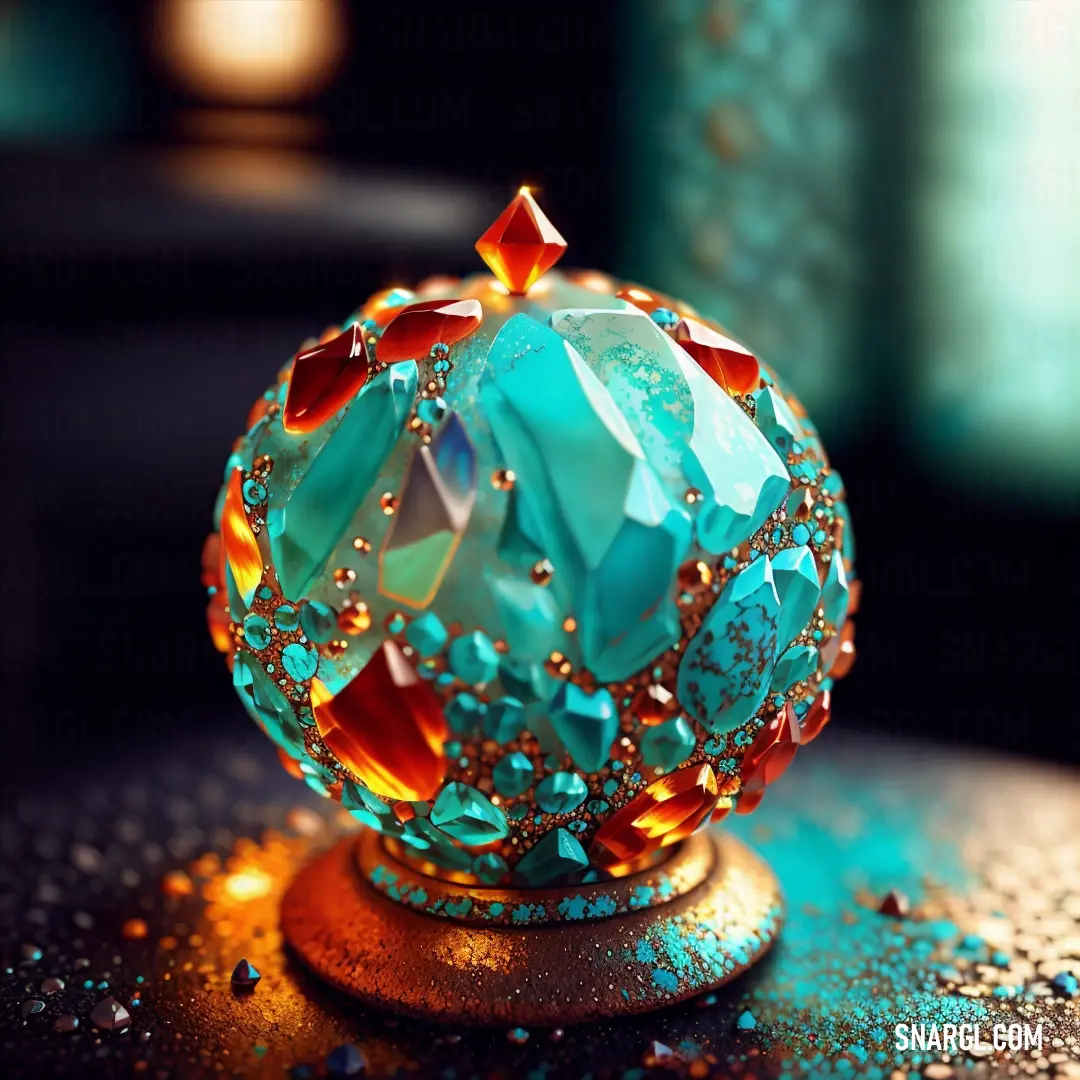 Blue and orange glass ball on a table with gold and blue glitters on it and a black background