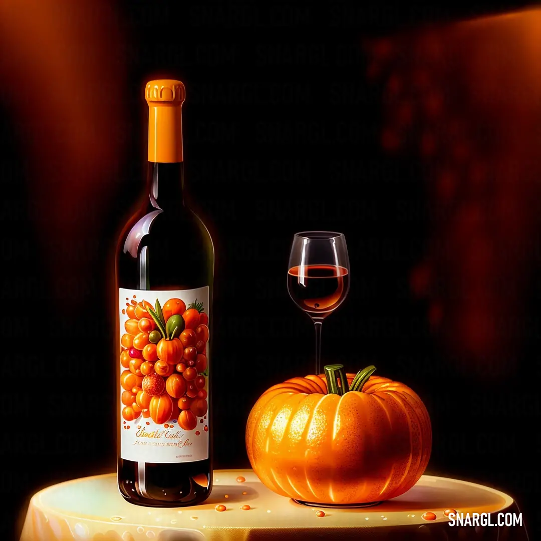 Bottle of wine and a glass of wine on a table with a pumpkin on it