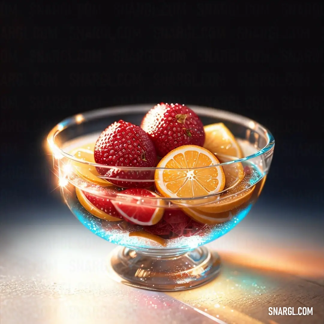 Bowl of fruit is shown on a table top with a black background. Example of RGB 165,42,42 color.