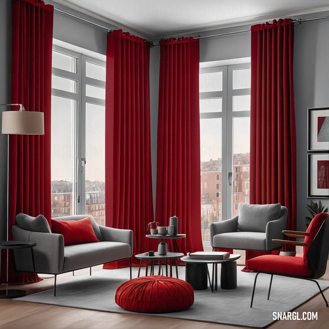 Brown color. Living room with red curtains and a grey couch and chair and a round coffee table