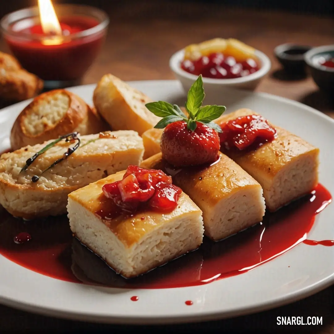 Plate of food with a candle and sauce on it and a plate of bread with a strawberry on top. Color CMYK 0,75,75,35.