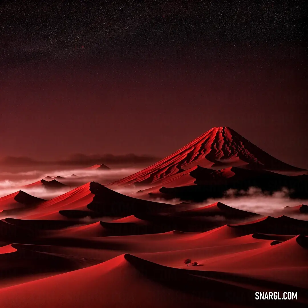 Red desert with a mountain in the distance and clouds in the foreground. Example of #A52A2A color.