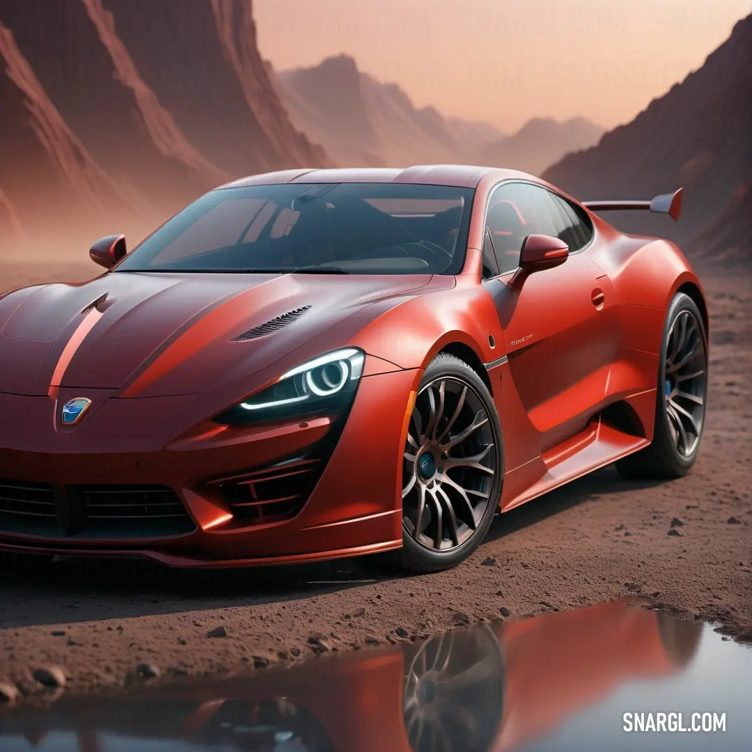 Red sports car parked in a desert area with mountains in the background. Example of RGB 165,42,42 color.