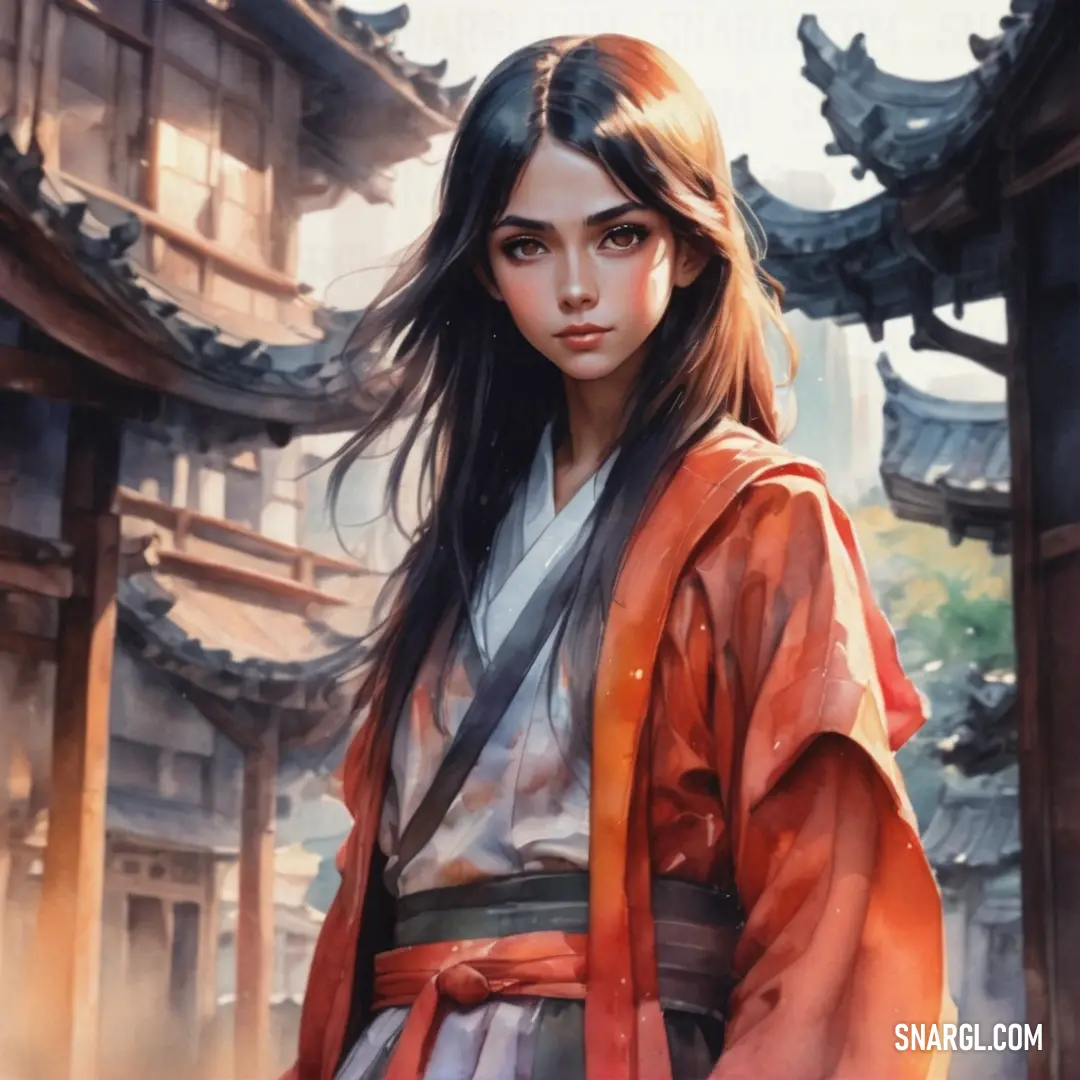 Woman in a kimono standing in front of a building with a sword in her hand and a building with a roof. Color #A52A2A.