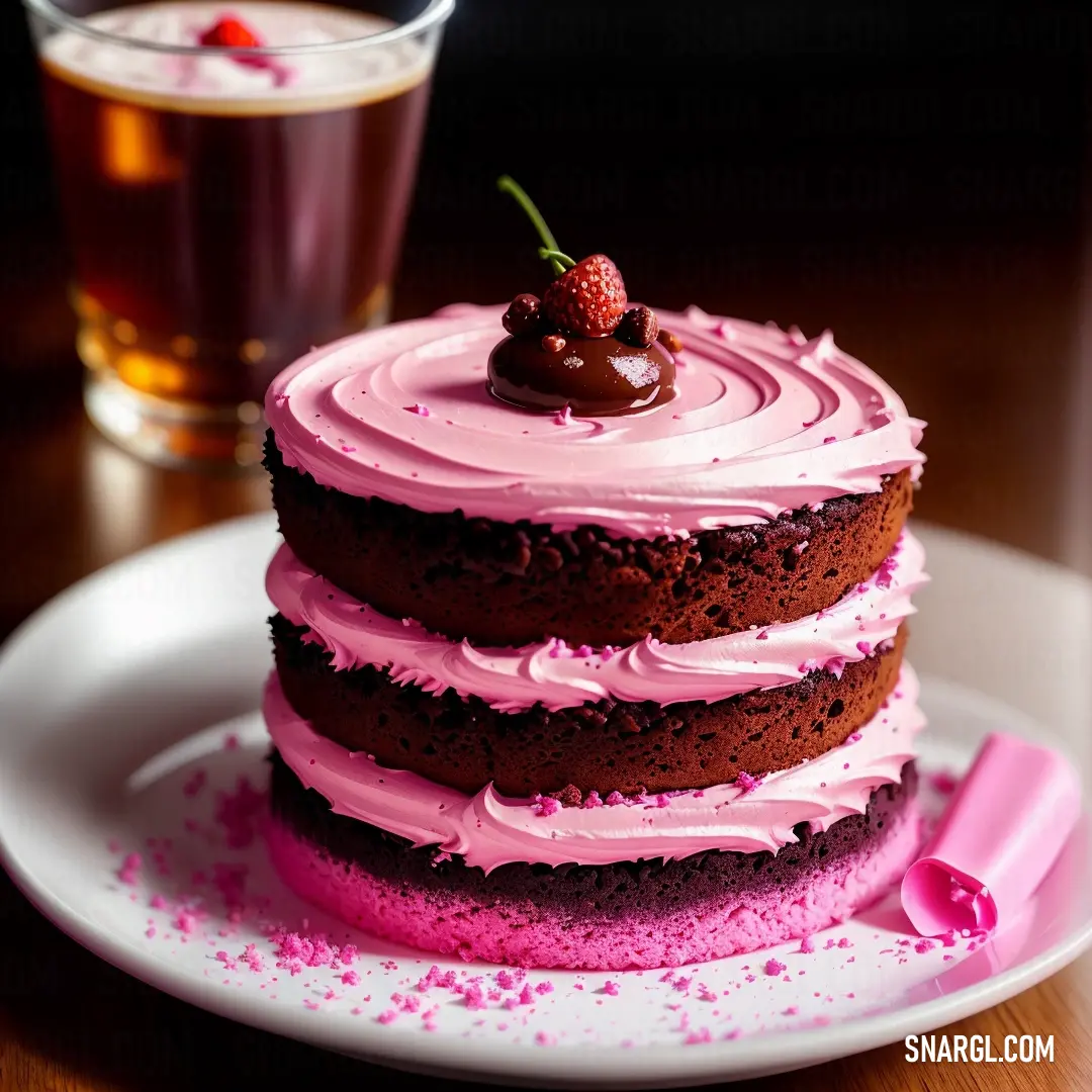 Chocolate cake with pink frosting and a strawberry on top of it on a plate next to a glass of tea