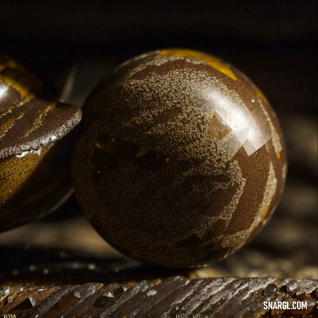 Close up of a marble ball on a table top with a metal grate underneath it and a wooden object in the background